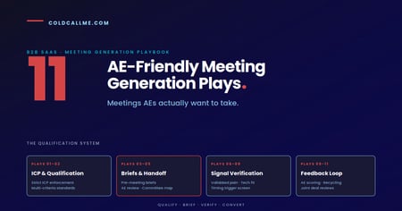 11 AE-friendly meeting generation plays for B2B SaaS teams in 2026 — Cold Call Me framework for producing qualified meetings AEs actually want to take, covering ICP discipline, qualification standards, and handoff protocols