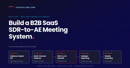 Diagram of the five-system playbook for building a B2B SaaS SDR-to-AE meeting engine: evidence-based ICP, multi-channel cadence, SDR-to-AE handoff, HubSpot reporting, and weekly coaching. Cold Call Me methodology for generating qualified meetings consistently and protecting AE time.