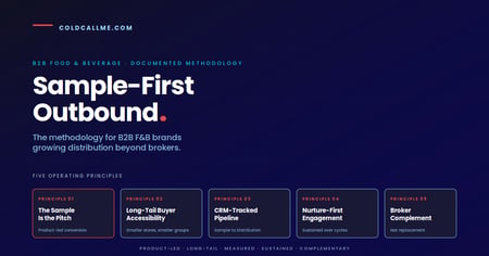 The five principles of Sample-First Outbound — Cold Call Me's documented B2B food and beverage outbound methodology for specialty brands growing distribution into independent grocery, regional distributors, foodservice, and online specialty channels