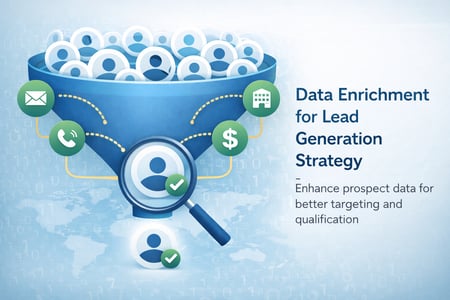 Sales professionals reviewing enriched B2B prospect data and analytics on a computer screen during a lead generation strategy meeting.