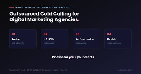 Diagram of how digital marketing agencies use outsourced cold calling in 2026 — a white-label, U.S.-based, HubSpot-native model that builds pipeline for the agency and its clients.